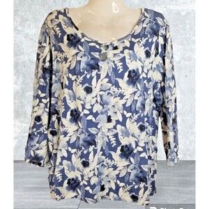 Chico's Women's Top Blouse Blue Floral Keyhole Design  Chico's 2 or Size Large